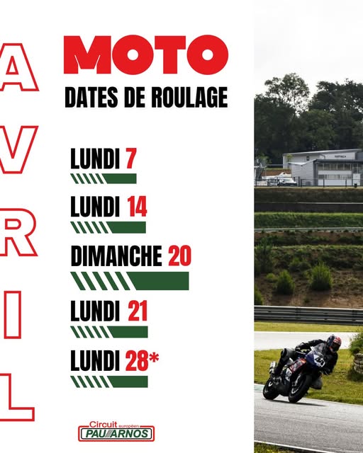 Dates de roulage d'avril sur le Circuit de Pau-Arnos